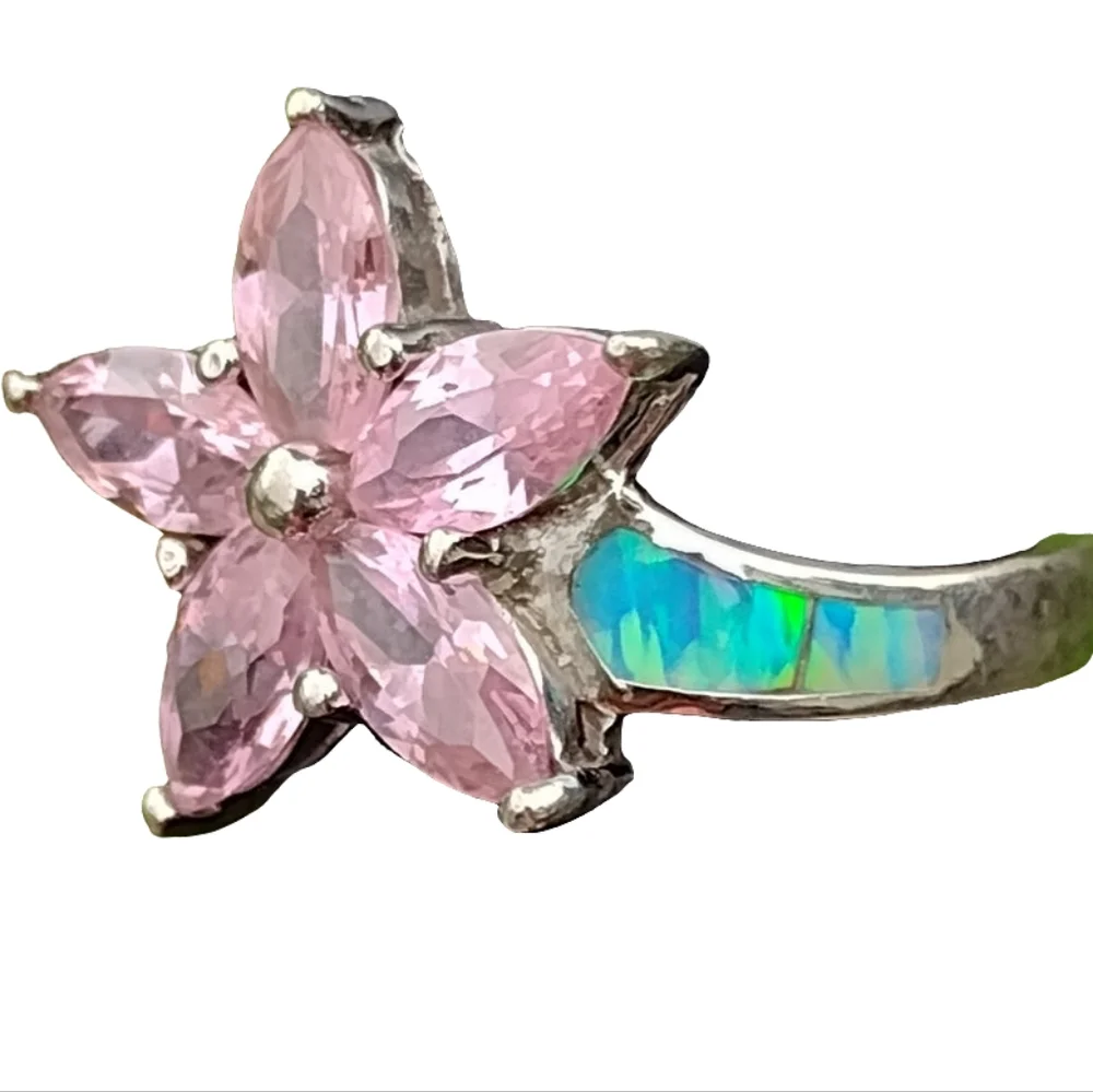 Sterling SIlver ring signed AK opal and pinkstones size 8 Fine Jewelry - Picture 2 of 9